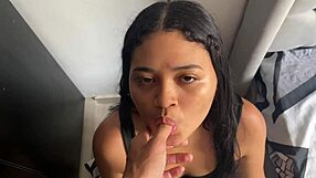 Small woman sucks big cock to facial.