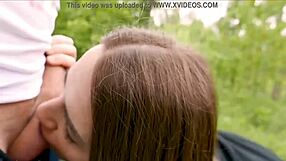 Watch this milf give an explosive blowjob and swallow cum in public with her tits out!