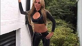Blonde latex babe amandas outdoor high heel boots and tight rubber-latex fetish wear
