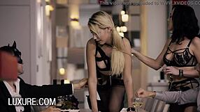 blonde and brunette beauties in fetish gear with 2 guys blowjob missionary