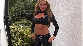 Blonde latex babe amandas outdoor high heel boots and tight rubber-latex fetish wear