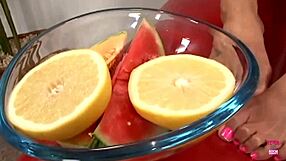 Amazing Brunette Squishes A Melon With Her Sexy Feet And Gets Fucked Doggy Style