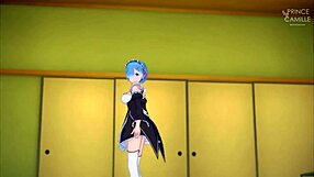 loving rem guides handjob in romantic hentai atmosphere