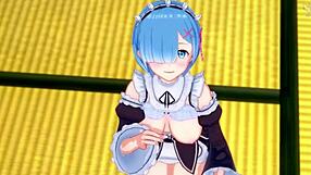 loving rem guides handjob in romantic hentai atmosphere