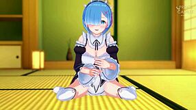 loving rem guides handjob in romantic hentai atmosphere