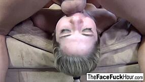 Blonde babe chokes on cock getting rough throat cumshot.