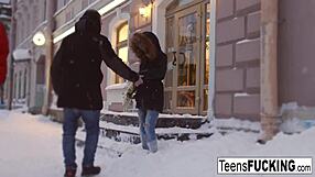 Teen brunette Stasya warms up on a cold day