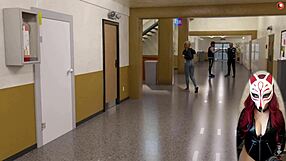 Horny Student in Stockings Masturbates Voyeuristically in Classroom