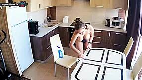 big tits beauty cleans kitchen