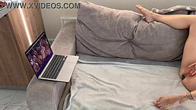 Nude milf reaches orgasm masturbating big tits on sofa!