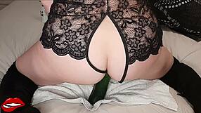 hey, stepmom rides a huge cucumber toy in her tight milf pussy, struggling but pushing on