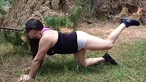 Latina exhibitionist seduces with giant cameltoe in forest.