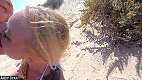 blonde skinny tattooed girl swallows cum on fuerteventura beach