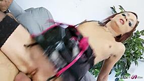 Skinny nurse in costume bends over for rough fucking. Her petite tits bounce as the client takes her.