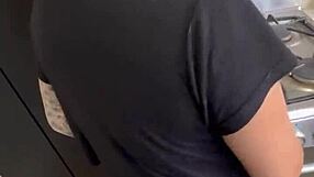 Watch me rub and cum on the maid's leggings in the kitchen!