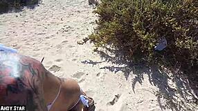 blonde skinny tattooed girl swallows cum on fuerteventura beach