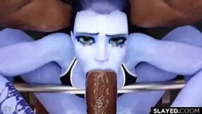 Short Raven sucks Widowmaker's monster cock deep!