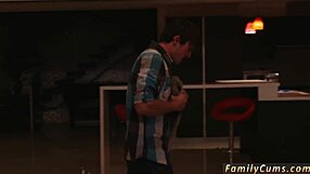 Skinny blonde teen teases and sucks in first threesome.