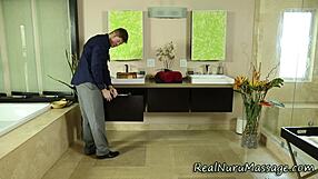 Nuru masseuse receives titty fuck handjob cum facial