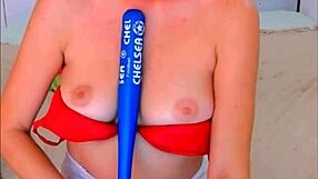 Baseball fan blonde bends over for wild hardcore dildo play. Her shaved body craves intense action.