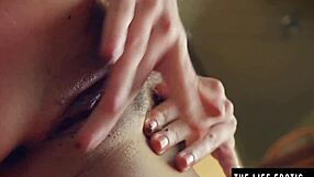 Hot Sexy Girl Smears Cream on Big Tits. She Fingers Her Hairy Pussy in Solo Stockings Play.