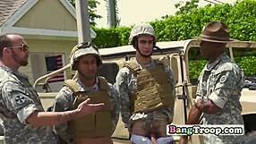 Army soldiers surrender to sergeant in outdoor group orgy