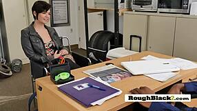 Gorgeous hottie gags on director's monster black cock then rides it hard.