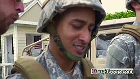 Army soldiers surrender to sergeant in outdoor group orgy