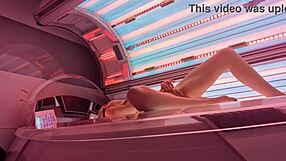 Beautiful girl masturbates her wet pussy to creampie in solarium.