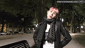 18-year-old brunette teen participates in anal casting interview with dildo