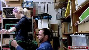 Blonde shoplifter's shaved pussy gets banged by group