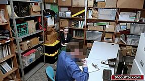 Blonde shoplifter's shaved pussy gets banged by group