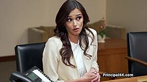 Head teacher gives blowjob and titty fucks milf's big tits in office