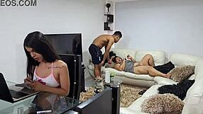 horny mature woman masturbates eagerly while her stepsons watch in the homemade scene