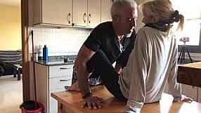 Mature couple fucks passionately in the kitchen with oral and doggystyle