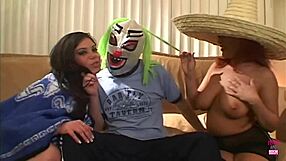 Thick Redhead And Brunette Busty Latinas Enjoy Anal Threesome With Masked Hung Man