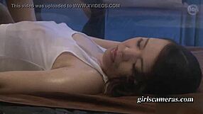 Challenging the boss in a game with oiled massage and leg focus