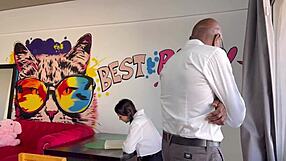 Shocked by teacher's dick shoved in face, then bent over table fucking