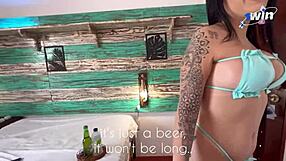 Tattooed latina with big tits fucks stranger in cowgirl at outdoor inn