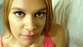 Amateur teen sucks stepbro's cock in POV handjob and masturbation session