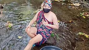 Pinay Ganda bent over in public river, getting doggystyle creampie from horny guy