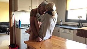 Mature couple fucks passionately in the kitchen with oral and doggystyle
