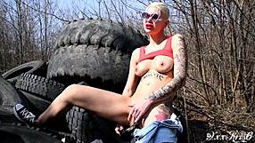 look at this juicy pussy masturbating with dildo outside