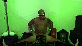porn star maxxx loadz stretches tight in split machine at g t s gym, clothes ripping during tan sex workout