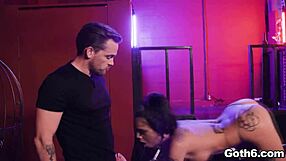 Goth slut Genevieve Sinn in collar and leash takes Kyle Mason's monster cock for anal fuck