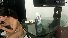 Latina gets horny eating dick with strawberry and cream part 1