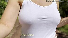 MILF Wife Flashes Big Tits in Public Walking Dare