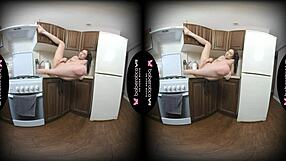 solo girl sara bork plays with shaved pussy in kitchen caressing big tits