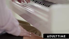 Nerdy teen 18+ covers milf piano teacher Bunny Madison's big tits with cum.