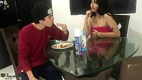 Latina gets horny eating dick with strawberry and cream part 1